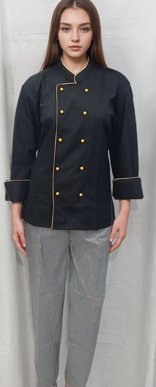 Black Chef Coat with Yellow Piping and Mushroom Buttons for Stylish Culinary Professionals - J R GARMENTS