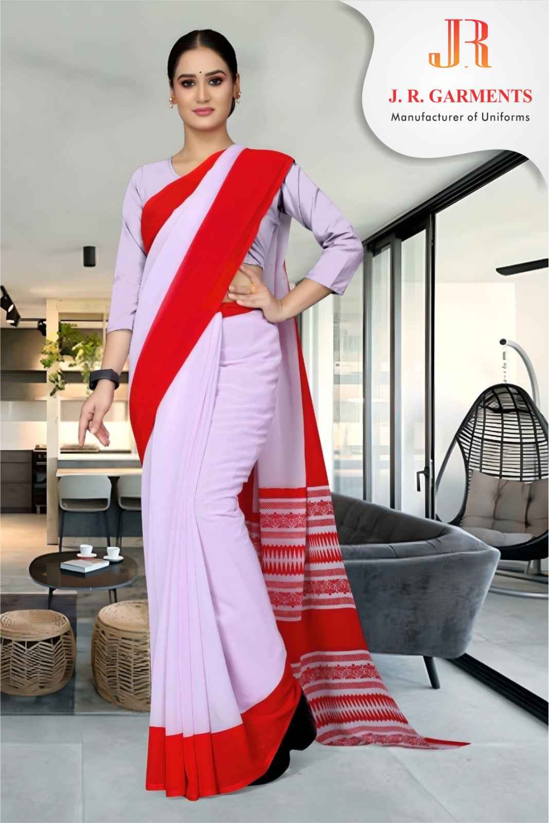 Saree White with Red Border - J R GARMENTS