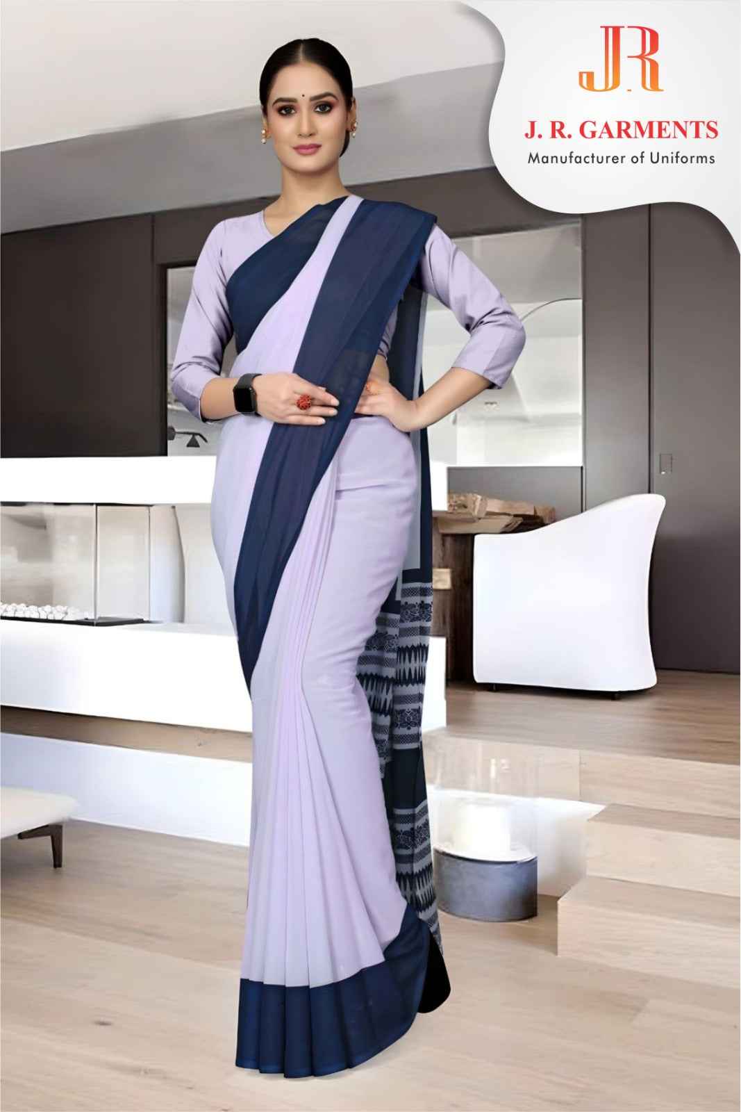 Saree White with Navy Blue Border - J R GARMENTS