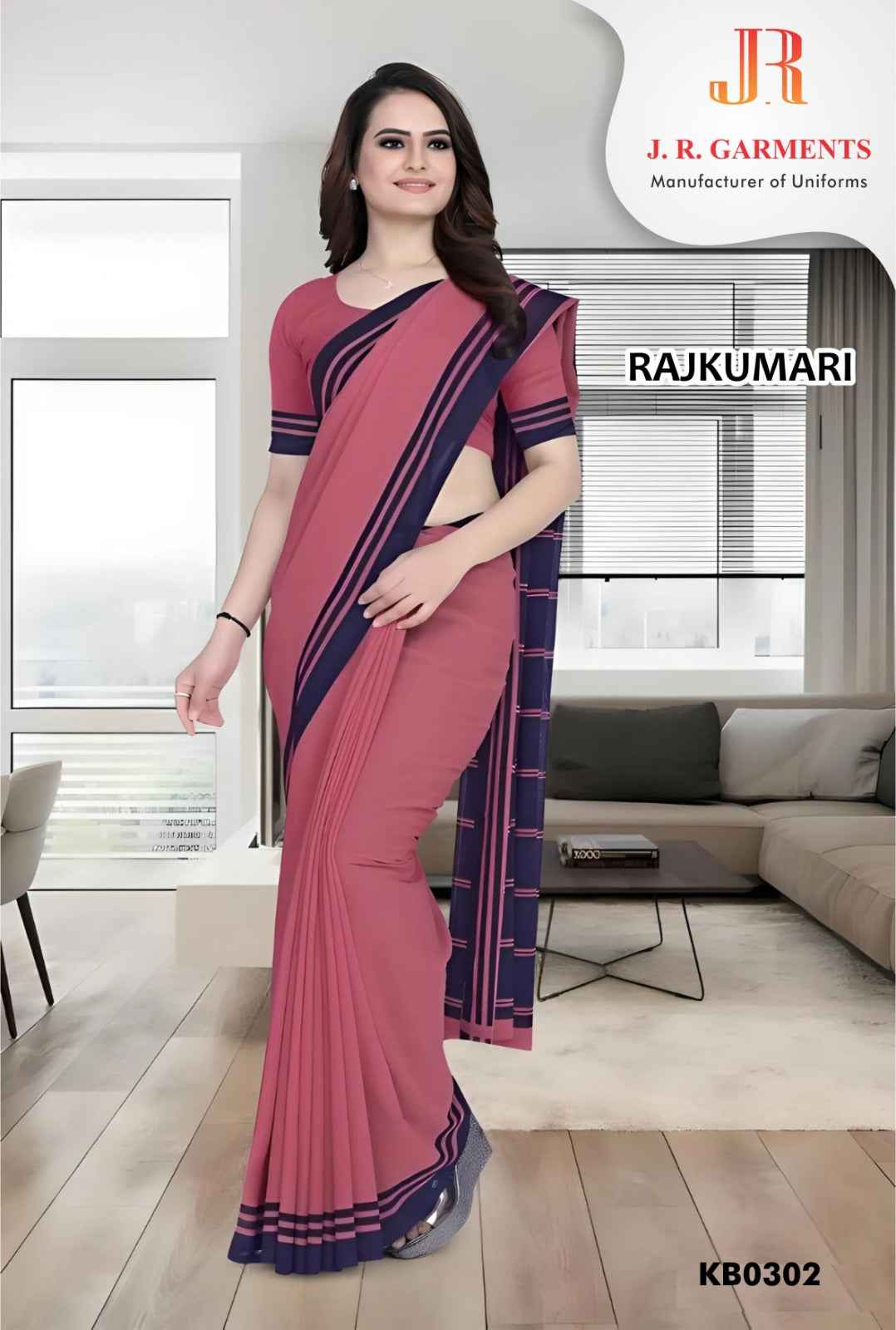 Saree Medium Pink with Navy Blue Border - J R GARMENTS
