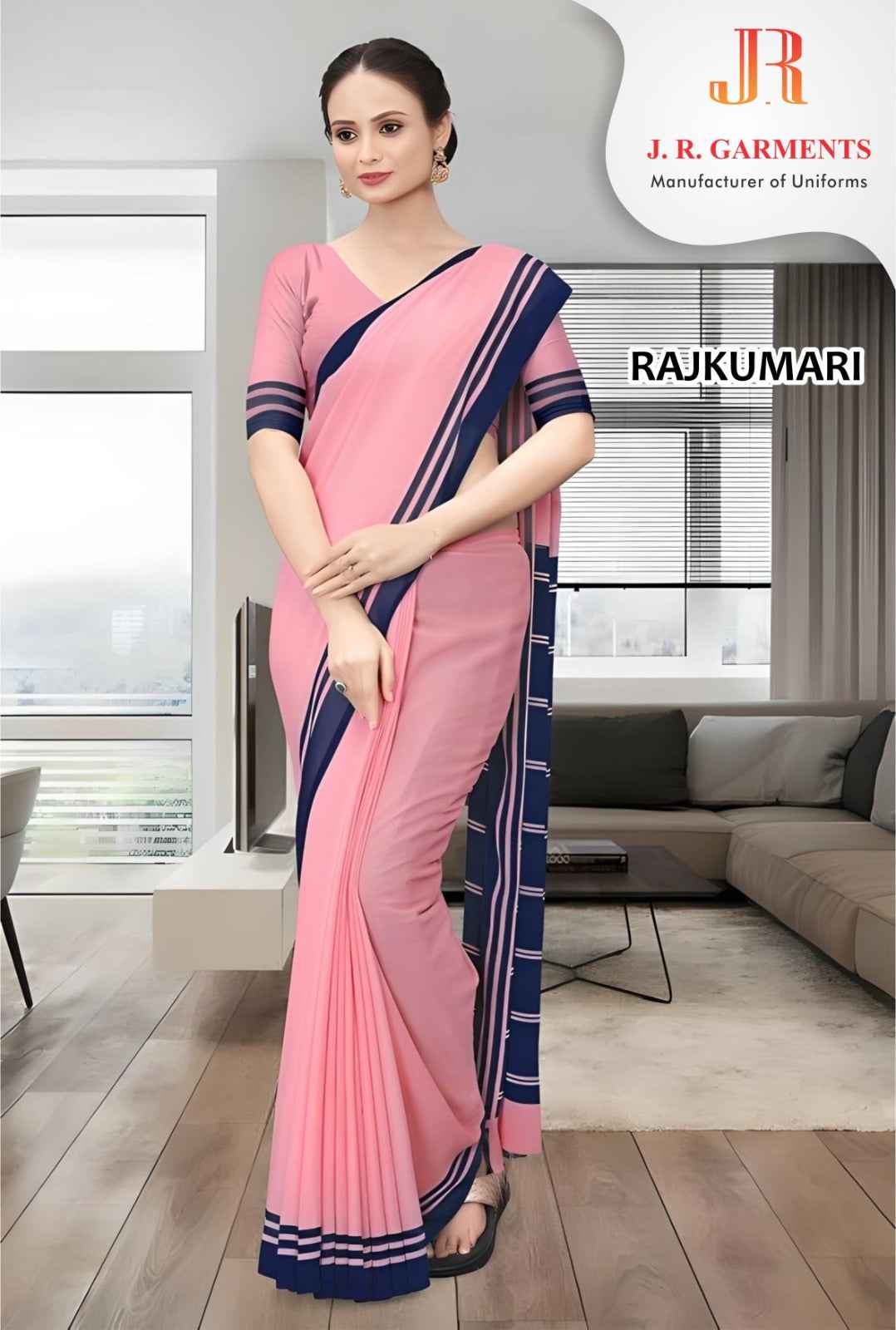 Saree Pink with Navy Blue Border - J R GARMENTS