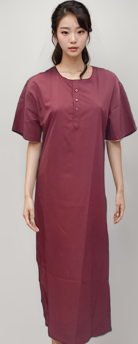 Patient Gown Maroon HICKORY - Comfortable & Durable 3 Button Medical Wear - J R GARMENTS