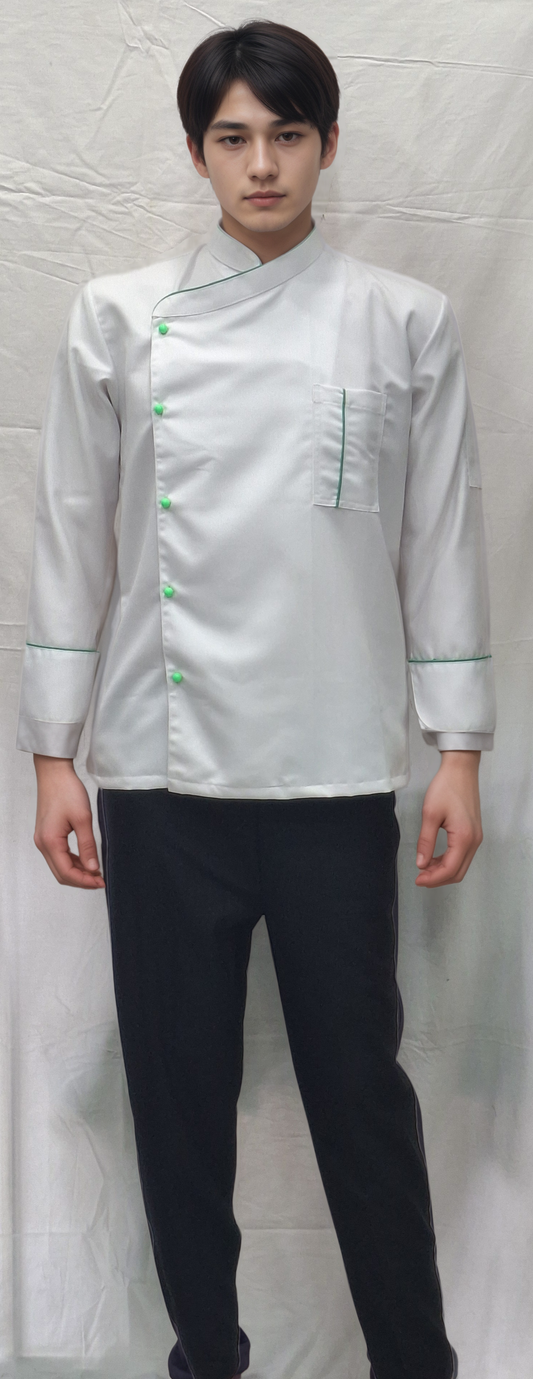 Chef Coat Full Sleeves With Green Piping and Green Buttons