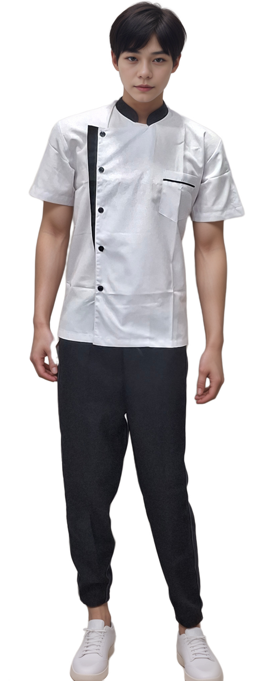 White Chef Coat with Black Collar and Black Piping - Half Sleeve Design