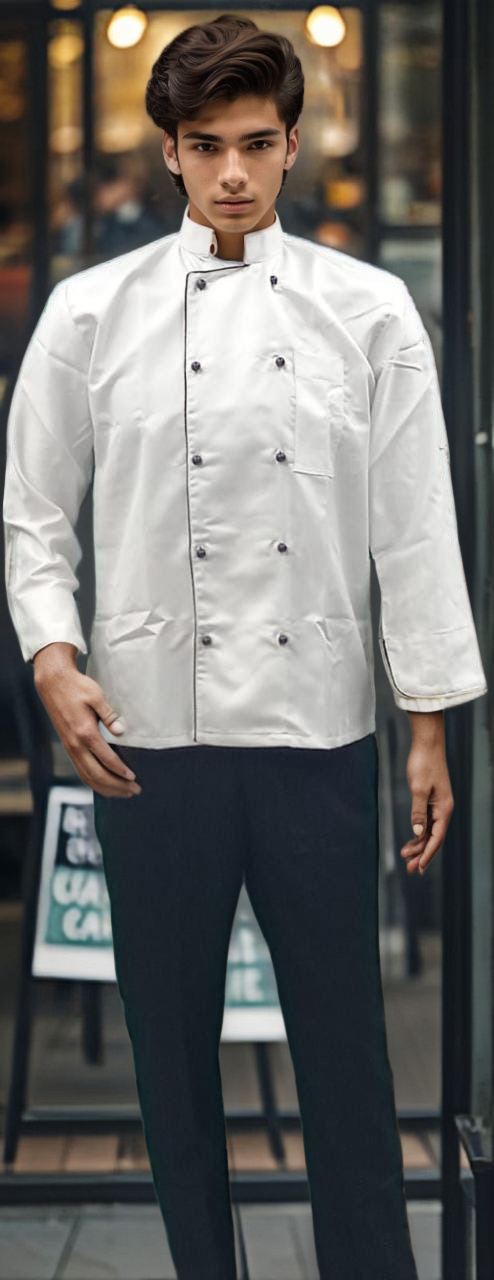 Chef Coat White with Black Piping and Mushroom Buttons