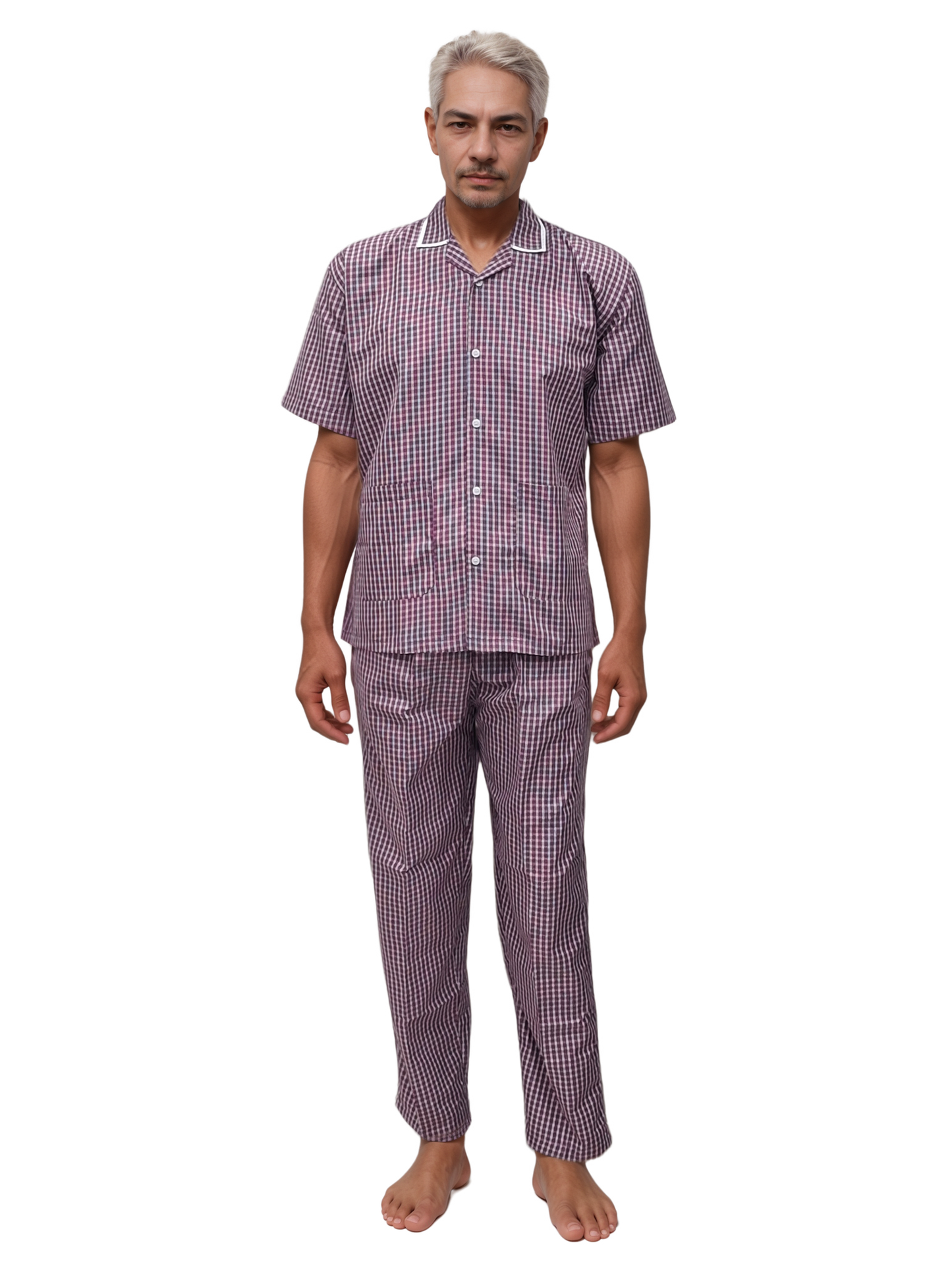 HICKORY Patient Dress - Comfortable & Durable Purple & White Checks Carewear - J R GARMENTS