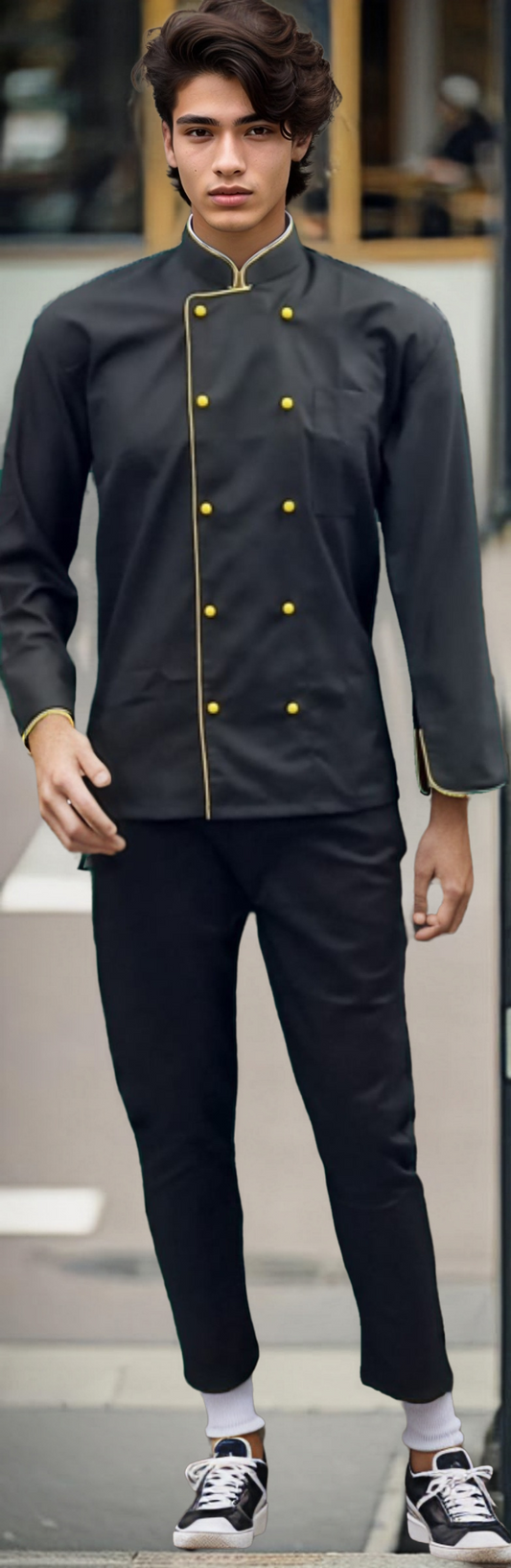 Black Chef Cat with Yellow Piping and Mushroom Buttons